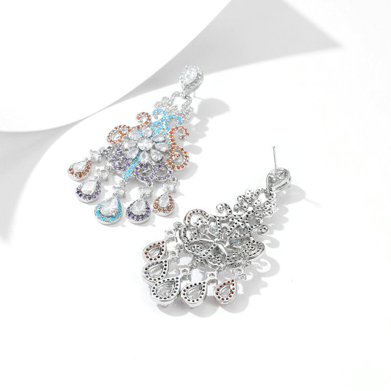 Floral Cut out Water Drop Crystal Fringed Party Boho Earrings 925 Silver Needles