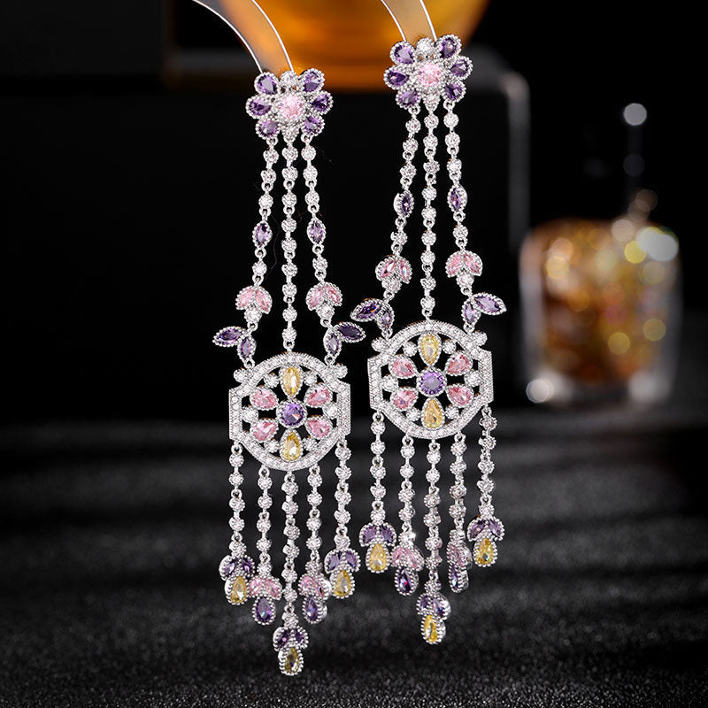 925 Silver Needles Long Floral Pendant Fringed Boho Earrings