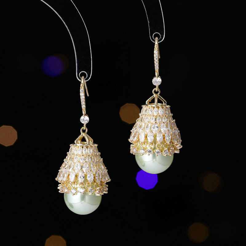 925 Silver Needles Vintage Pearl Skirt Shape Design Shining Boho Earrings