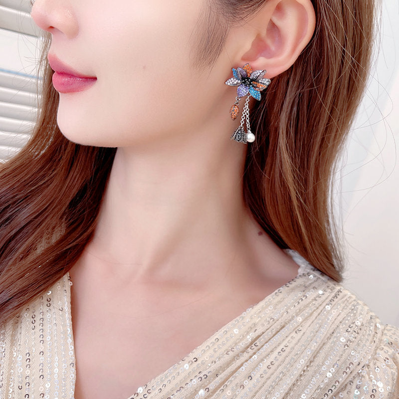 Colorful Stereoscopic Floral Pearl Bell Fringed 925 Silver Needles Boho Earrings