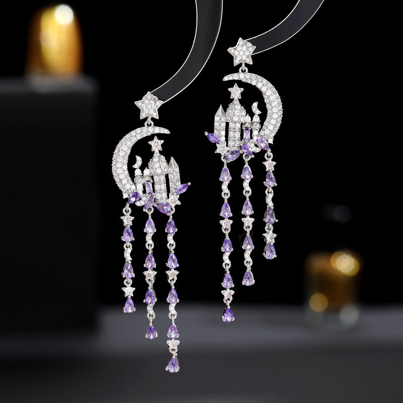 Castle Moon Stars Water Drop Fringed 925 Silver Needles Long Boho Earrings