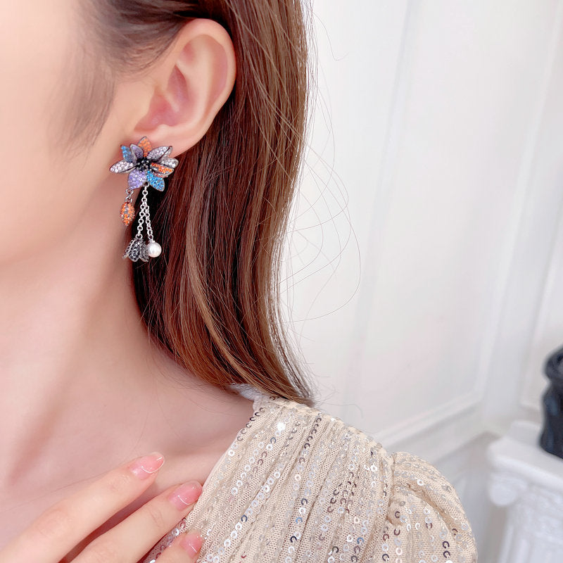 Colorful Stereoscopic Floral Pearl Bell Fringed 925 Silver Needles Boho Earrings