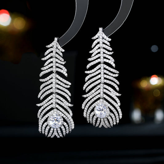 925 Silver Needles Vintage Solid Color Feather Zircon Long Boho Earrings