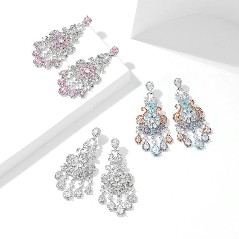 Floral Cut out Water Drop Crystal Fringed Party Boho Earrings 925 Silver Needles