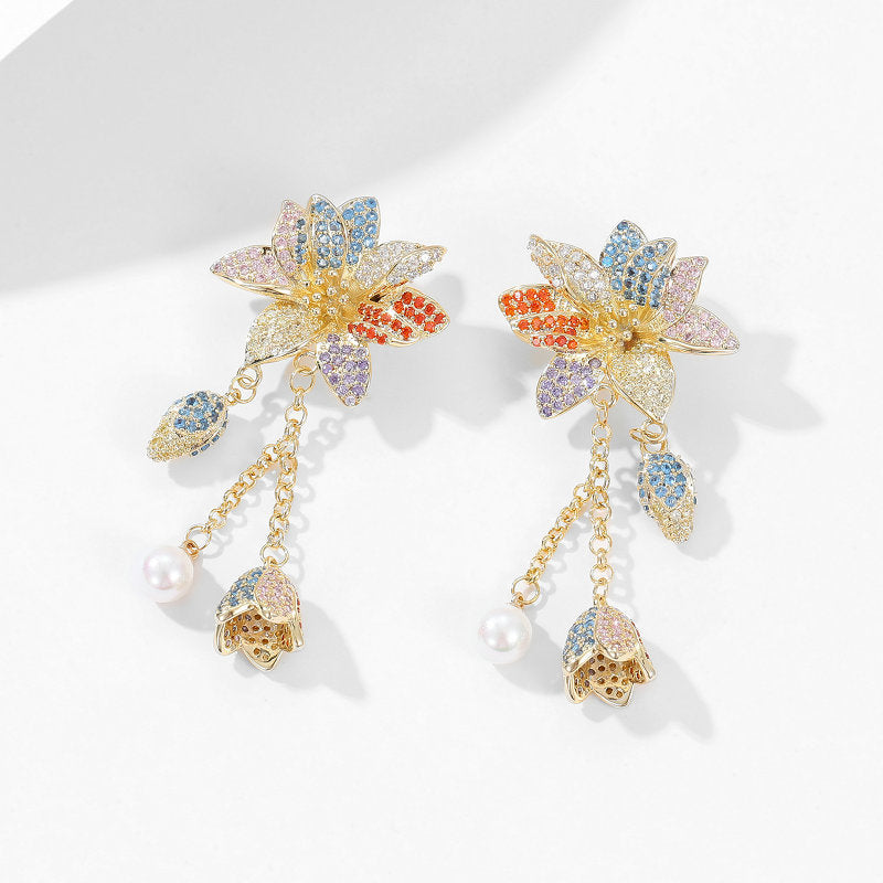 Colorful Stereoscopic Floral Pearl Bell Fringed 925 Silver Needles Boho Earrings