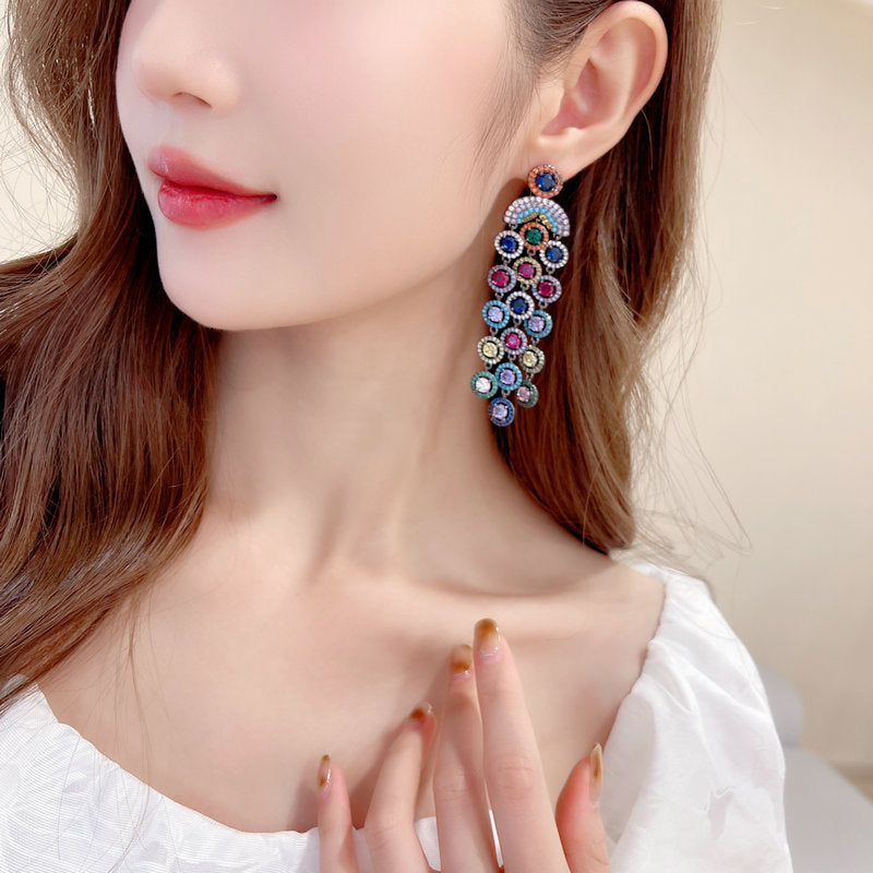 Shining Colorful Round Crystal Fringed Long Boho Earrings 925 Silver Needles