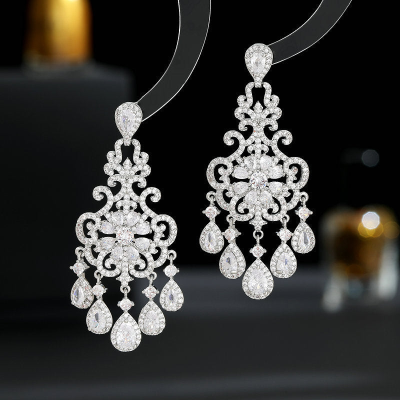 Floral Cut out Water Drop Crystal Fringed Party Boho Earrings 925 Silver Needles