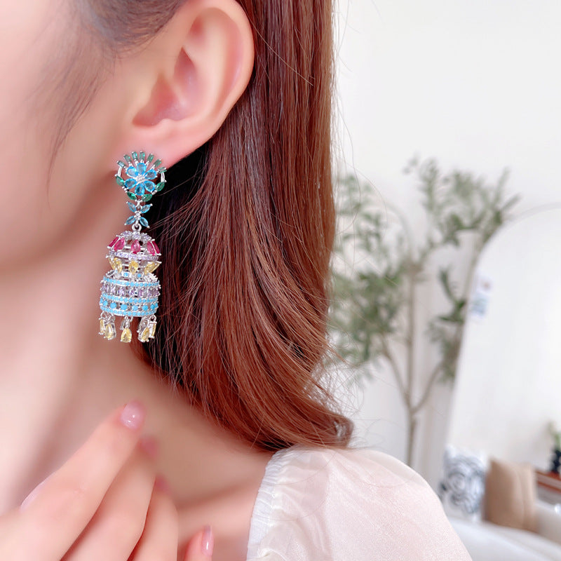 925 Silver Needles Three-dimensional Lantern Drop Long Boho Earrings